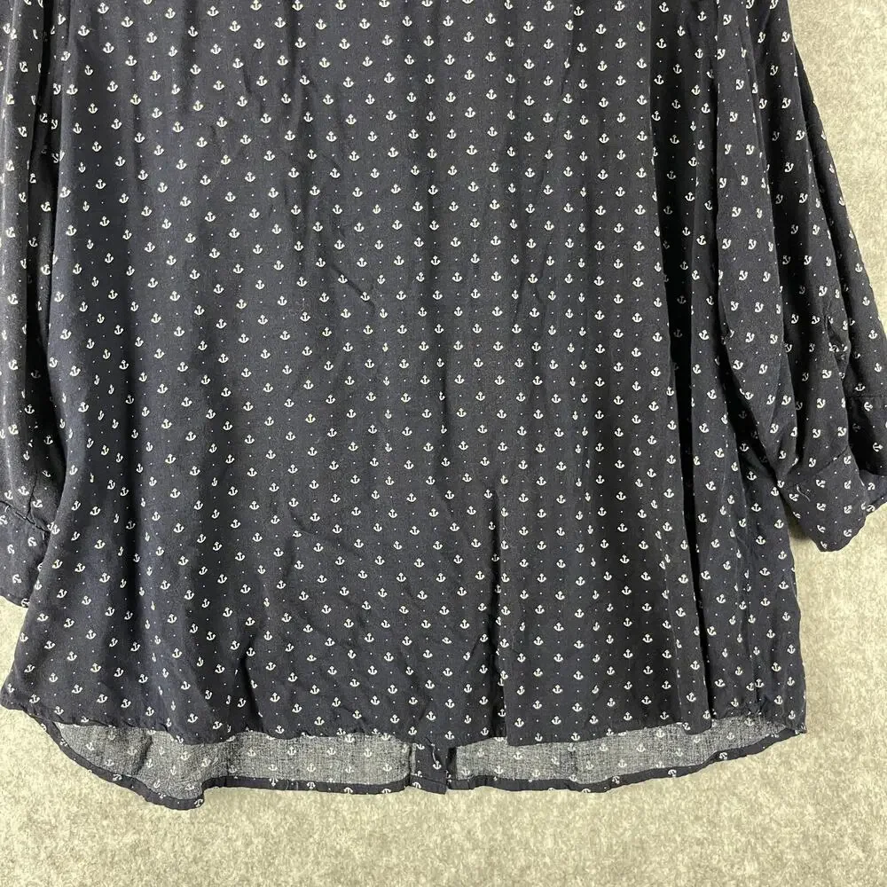 Per Se Top Womens 2X Blue Anchor Print Blouse Button Front 3/4 Sleeve Nautical - Picture 10 of 12